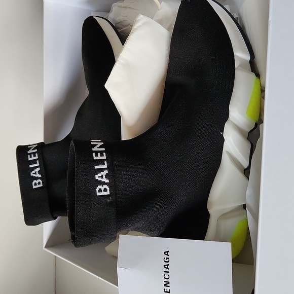 BALENCIAGA | Neoprene Knit Speed Cuffed Sneakers Black White Yellow Fluo sz 40 - Picture 4 of 8